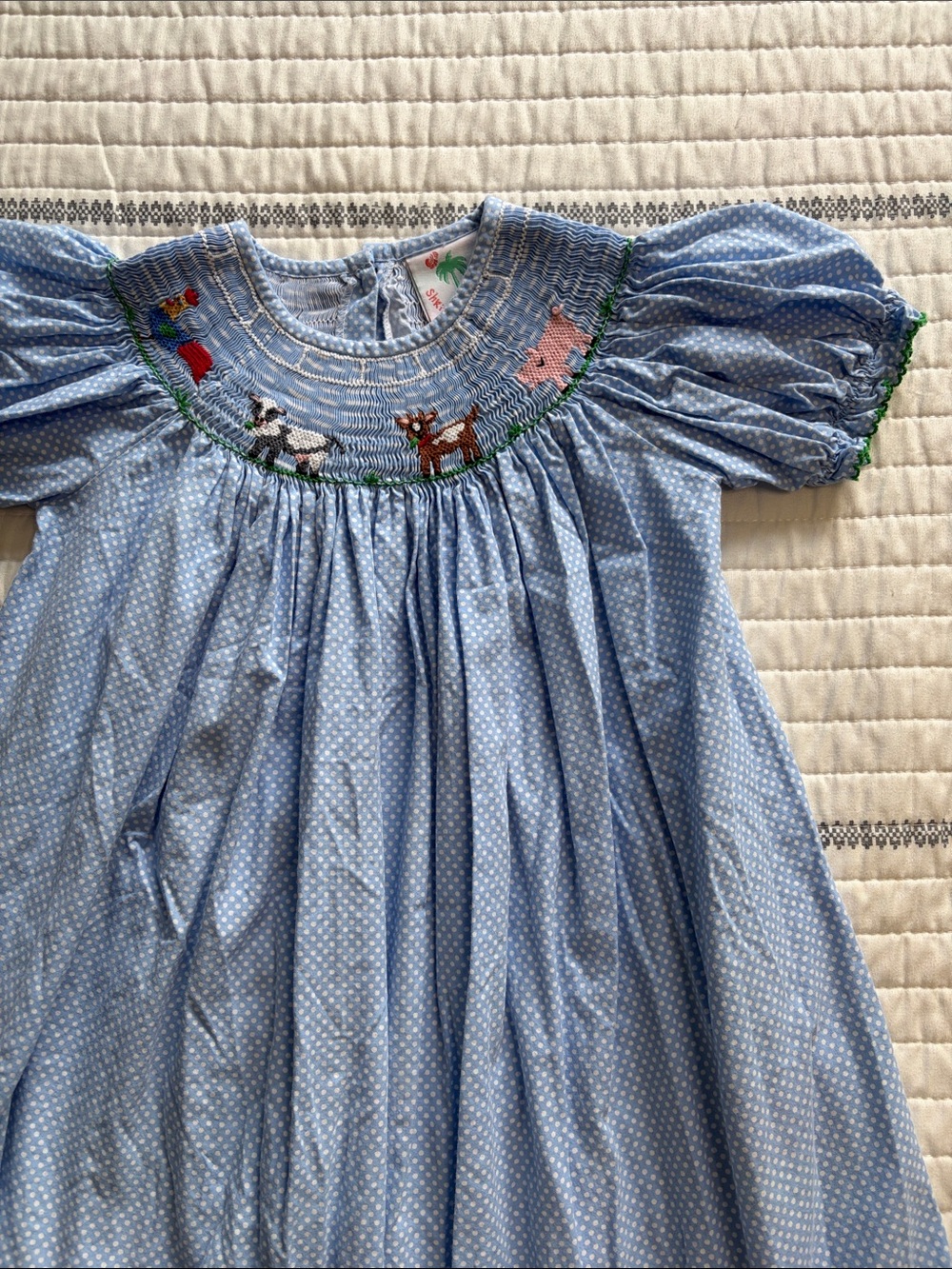 Light Blue Smocked Kids Dress with Animal Embroidery